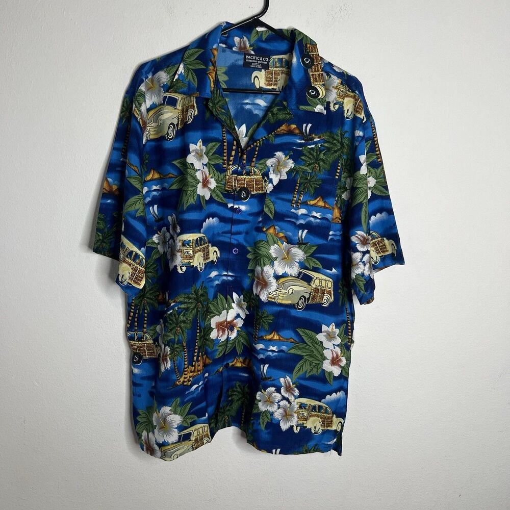 Pacific & Co Woody Car Print Hawaiian Shirt L Hibiscus Palm Surf